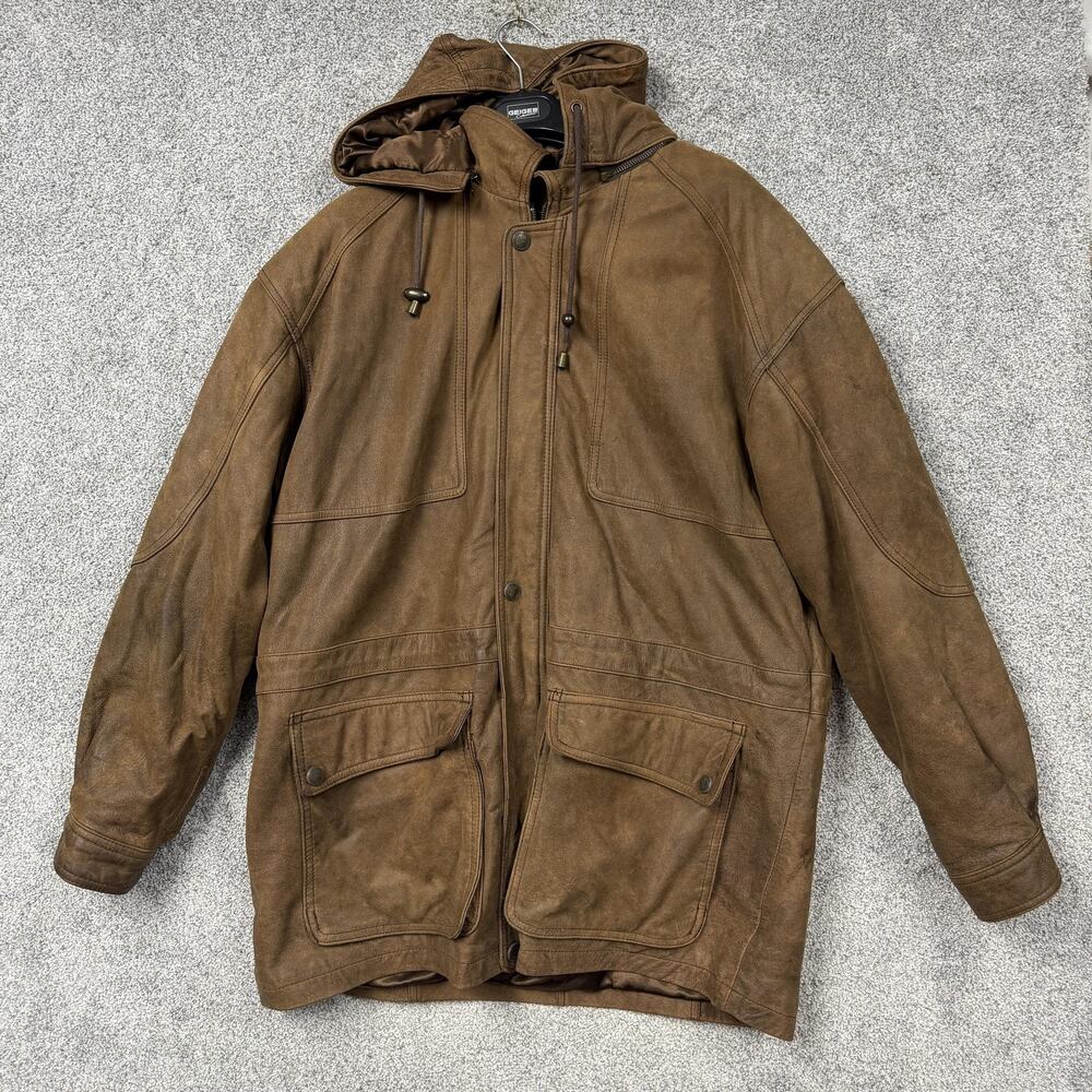 VTG 90s Georgetown Leather Design Parka Mens L Brown Hood Thinsulate Gorpcore
